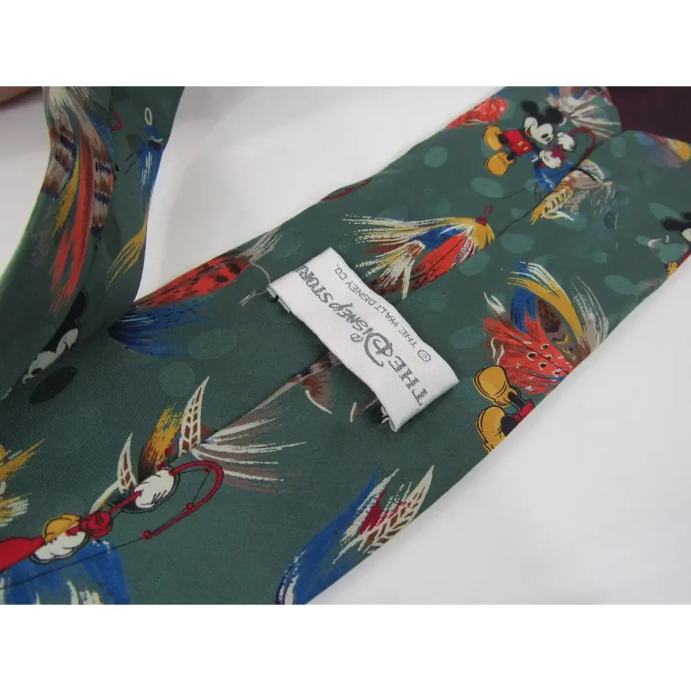 The Disney Store 100 Silk Mickey Mouse Tie Fly Fishing Graphic on Green Teal